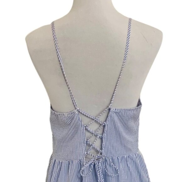 Divided Beach Striped Dress Sz 10 Spaghetti Strap Lace Up Back Button Blue White - Picture 5 of 14
